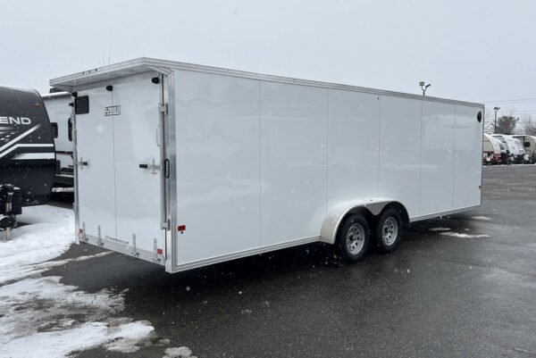 2024 e z hauler 7×24 aluminum 4 place drive in/out w/tapered ramps, rear canopy