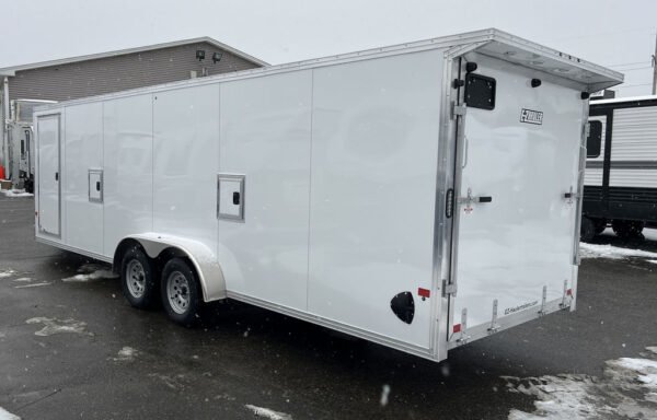 2024 e z hauler 7×24 aluminum 4 place drive in/out w/tapered ramps, rear canopy