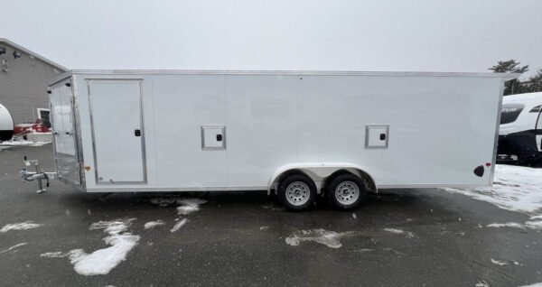 2024 e z hauler 7×24 aluminum 4 place drive in/out w/tapered ramps, rear canopy