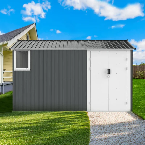 metal storage shed with double hinged doors