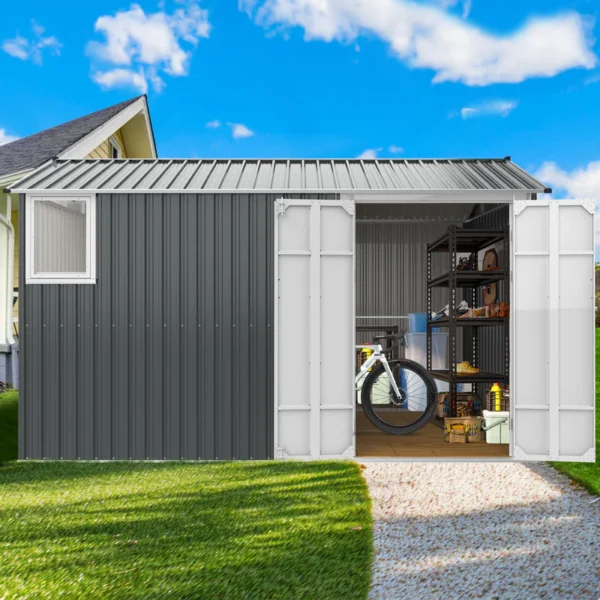 metal storage shed with double hinged doors