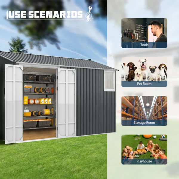 metal storage shed with double hinged doors