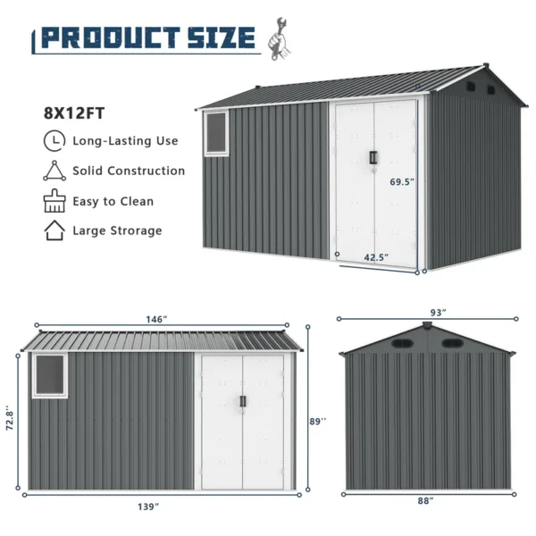 metal storage shed with double hinged doors