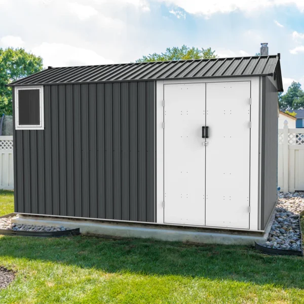 metal storage shed with double hinged doors