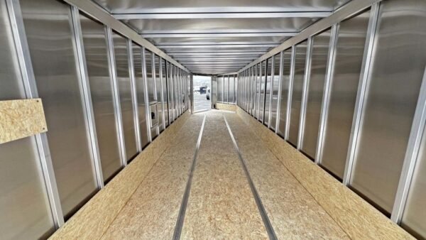 2024 e z hauler 7×24 aluminum 4 place drive in/out w/tapered ramps, rear canopy