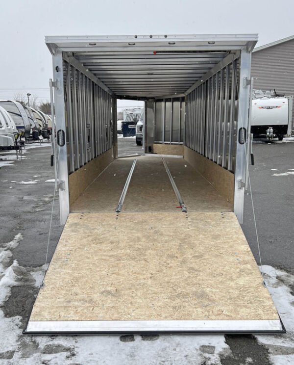 2024 e z hauler 7×24 aluminum 4 place drive in/out w/tapered ramps, rear canopy