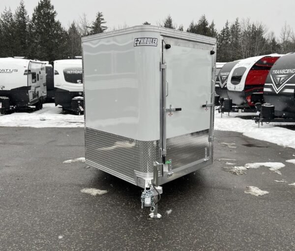 2024 e z hauler 7×24 aluminum 4 place drive in/out w/tapered ramps, rear canopy