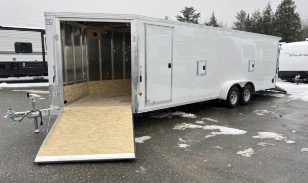 2024 e z hauler 7×24 aluminum 4 place drive in/out w/tapered ramps, rear canopy