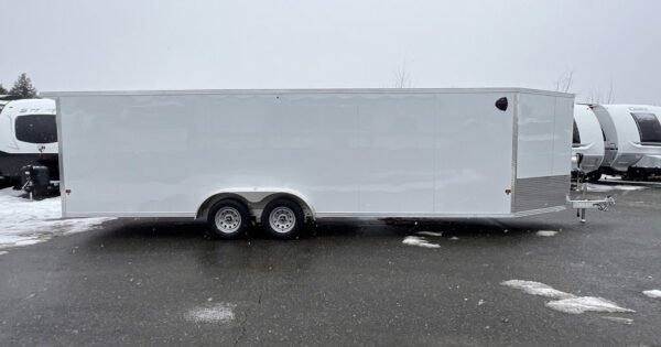 2024 e z hauler 7×24 aluminum 4 place drive in/out w/tapered ramps, rear canopy