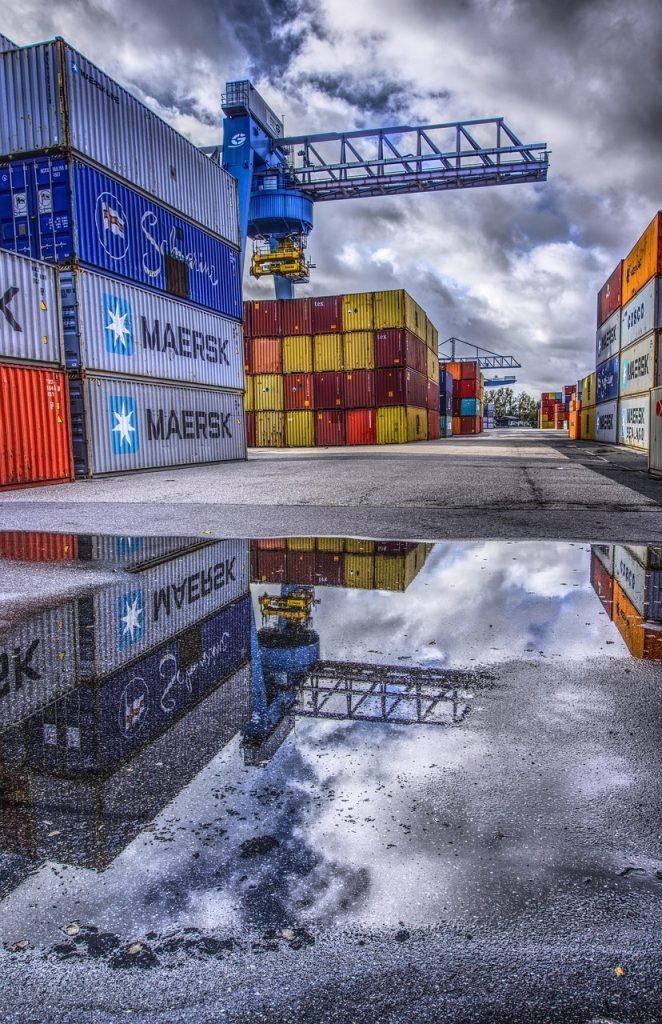 Home container, port, loading, stacked, container terminal, container handling, nature, loading crane, crane, freight, transshipment point, germany, to dye, heaven, clouds, hdr, contrast, high dynamic range, multicoloured, industry, company, heavy, stole, puddle, reflection, water, wet, rain